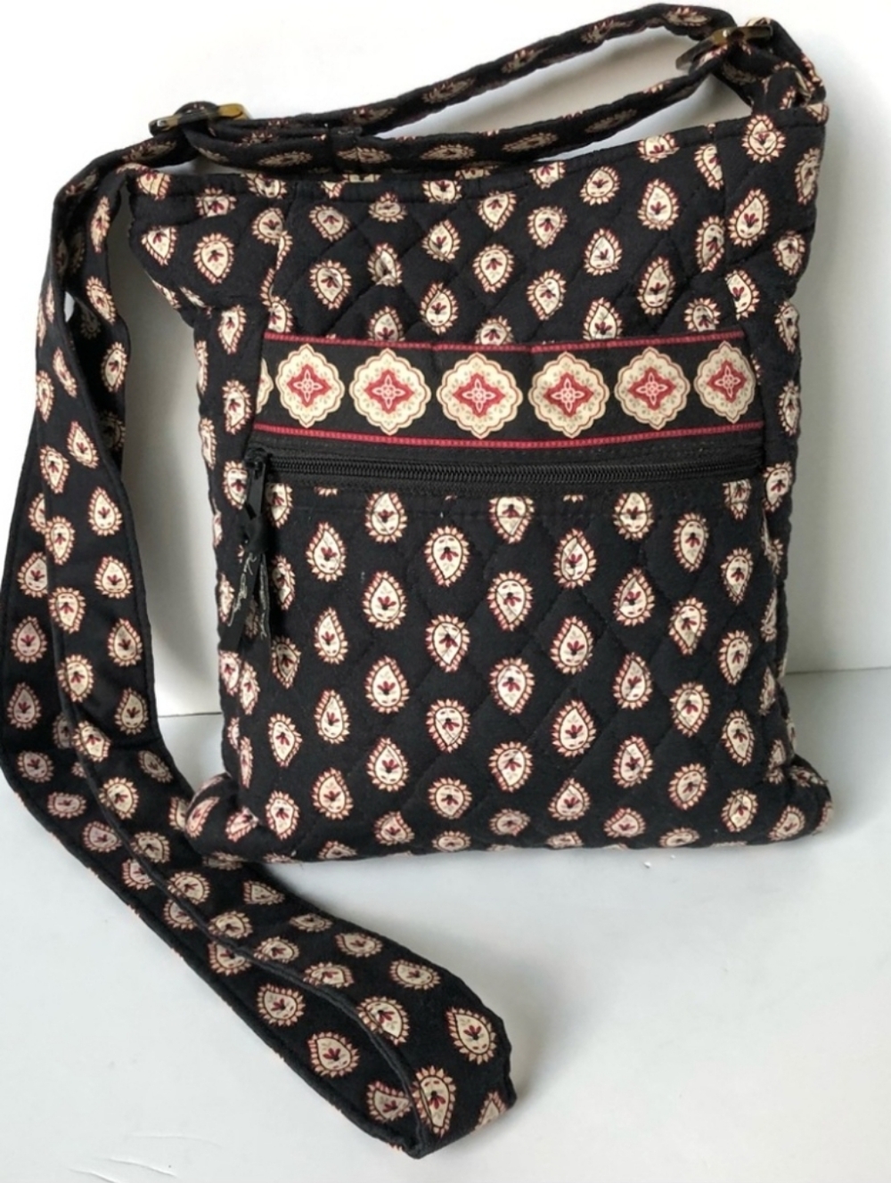 Vera Bradley Quilted Crossbody Bag in Black with Ivory & Red Accents
